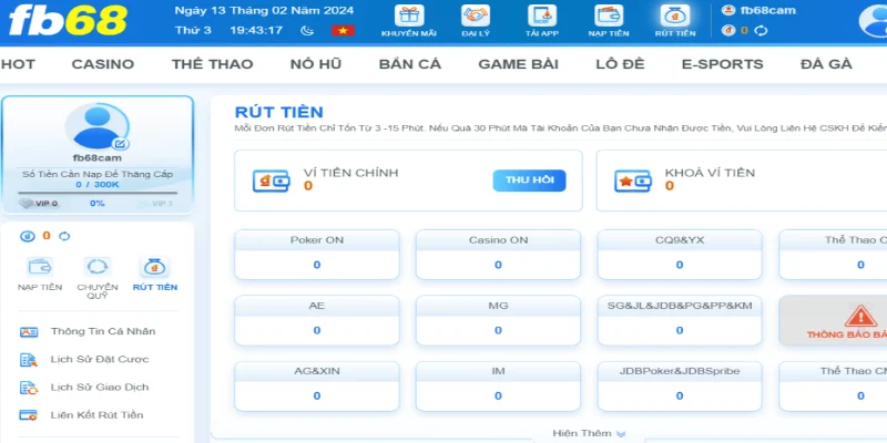 FB68 cho phép người chơi rút tiền về túi riêng nhanh chóng