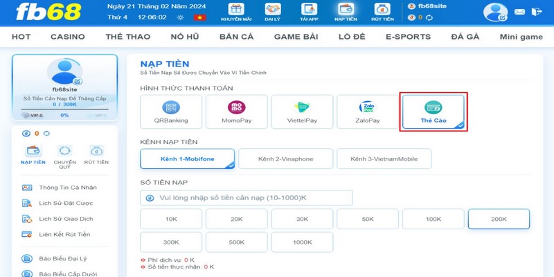 Nạp tiền FB68 theo phương thức thẻ cào được tiến hành nhanh gọn, thuận tiện