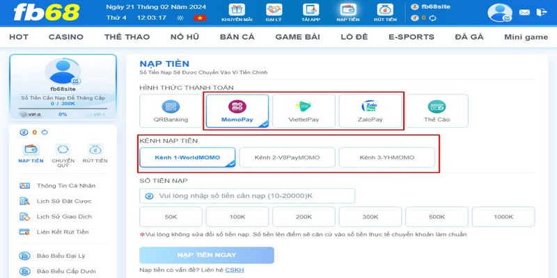 Phương thức nạp tiền vào FB68 qua ví điện tử dần trở nên phổ biến 